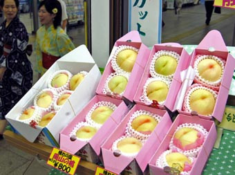 長雨で出荷量が激減し、品薄の状態が続く「清水白桃」=岡山市のJR岡山駅