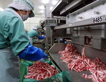 吉野家の肉加工工場で、カットされた米国産牛肉を箱に詰め込む従業員=14日午後、埼玉県大利根町